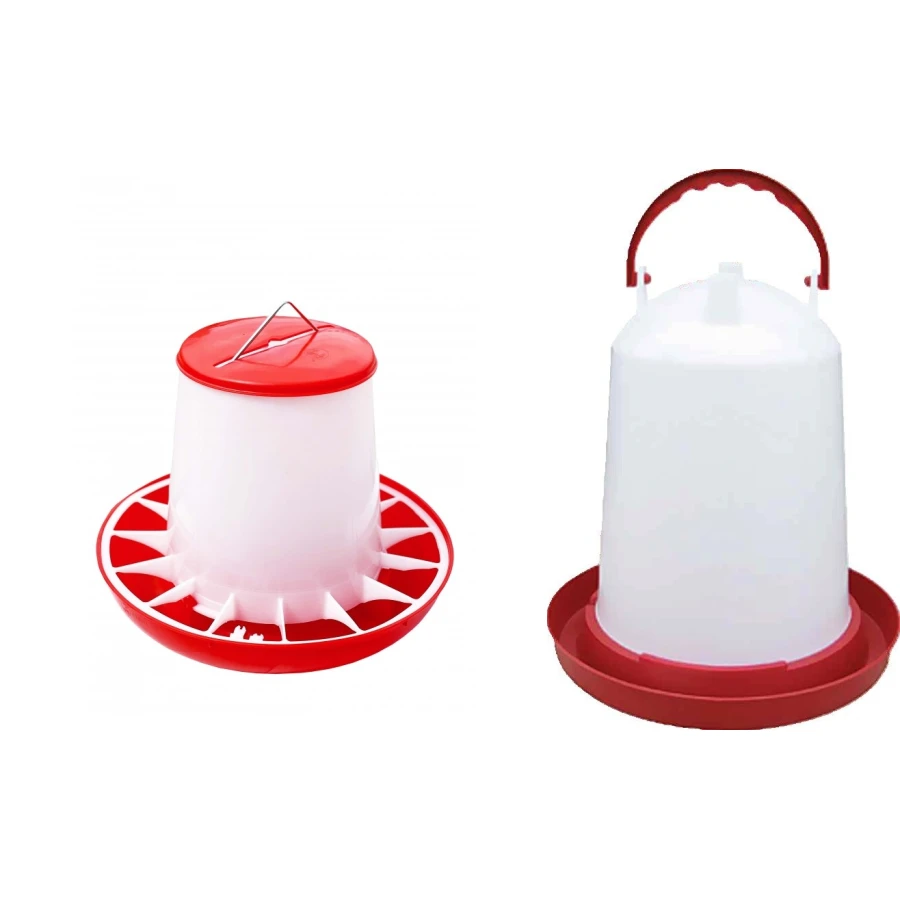 Zestaw dla drobiu: Karmnik 9 kg + Poidło 10 l biało-czerwone | Praktyczne i trwałe