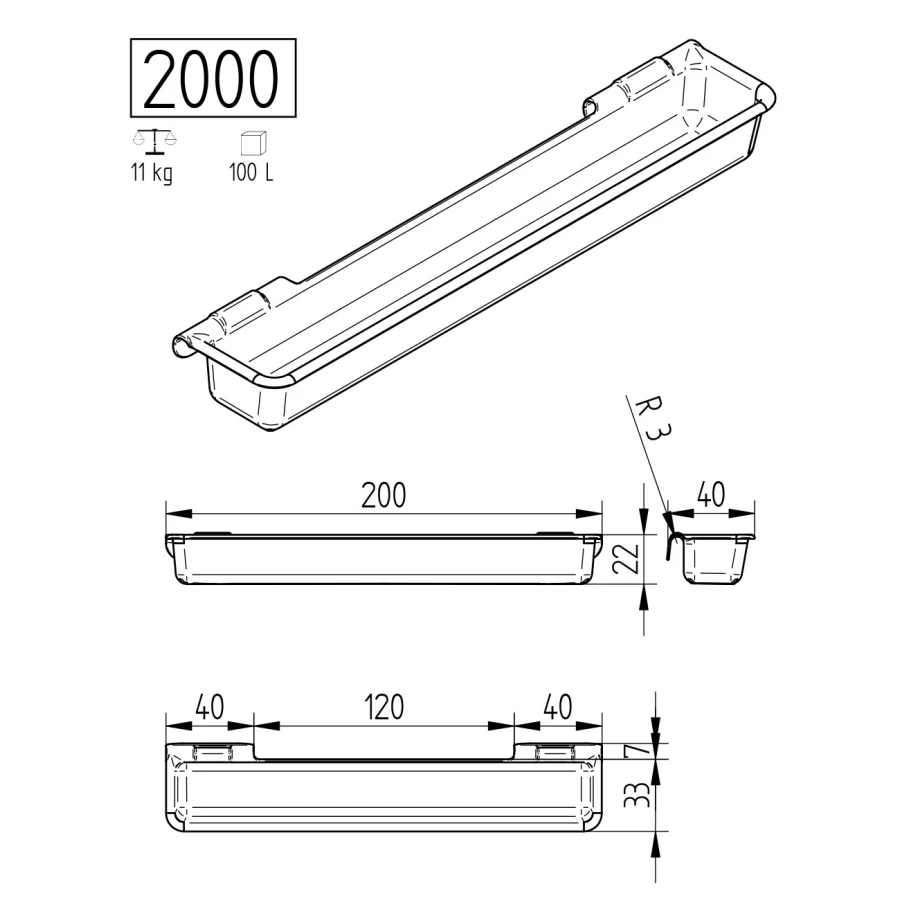 Koryto z zawiesiem dla cielat i owiec, 100 l, 200 cm
